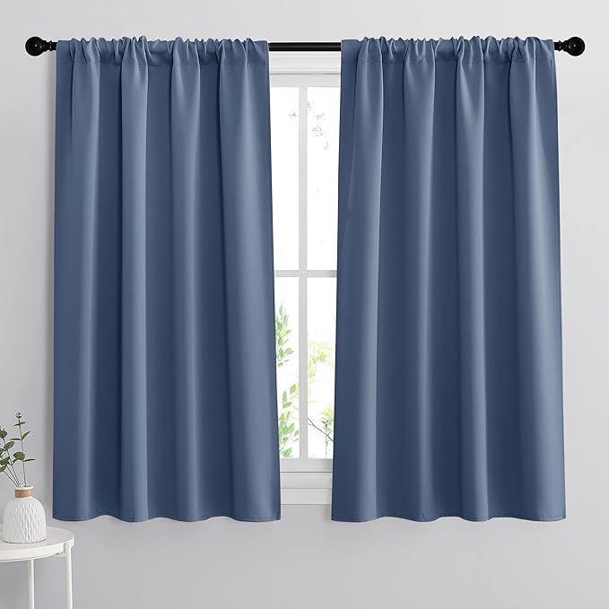 RYB HOME Short Kitchen Curtains, Room Darkening Drapes Thermal Insulated Small Window Coverings Full Privacy Protection for Bedroom Bathroom Dining Room, Stone Blue, W42 x L45 inch, 2 Panels