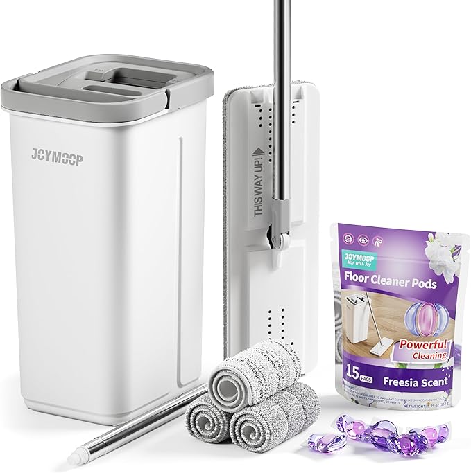 JOYMOOP Mop and Bucket with Wringer Set and Floor Cleaner Pods, Flat Floor Mop with 3 Reusable Microfiber Pads, Wet and Dry Use, Freesia Scent Pack of 15 Pacs for Floor Cleaning