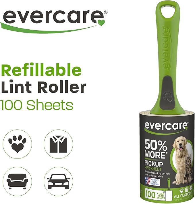 Evercare All Purpose Pet Hair Lint Roller, 100 Sheets – Reusable Sticky Roller for Pet Hair, Cat & Dog Hair Remover, Lint Remover, Pet Hair Remover for Furniture, Clothing & Cars