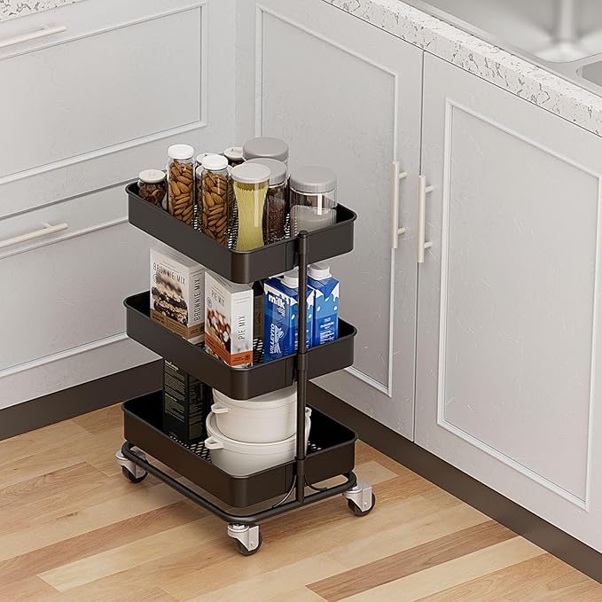 3 Tier Modern Metal Rolling Tool Cart with Silent Casters, 15.35x11.81x23.74 inch Heavy Duty Organization Truck Trolley Organizer for Office, Living Room, Kitchen, (Black)