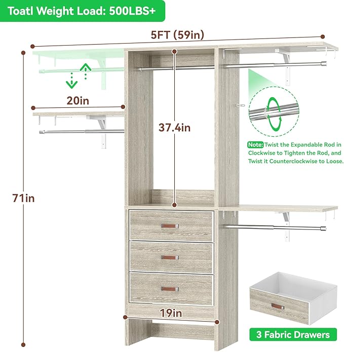 Armocity 5FT Small Closet System with 3 Fabric Drawers, 60'' Walk In Closet Organizer System With 3 Adjustable Shelves, Heavy Duty Clothes Rack Built-In Garment Rack, 59" L x 16" W x 71"H, White Oak