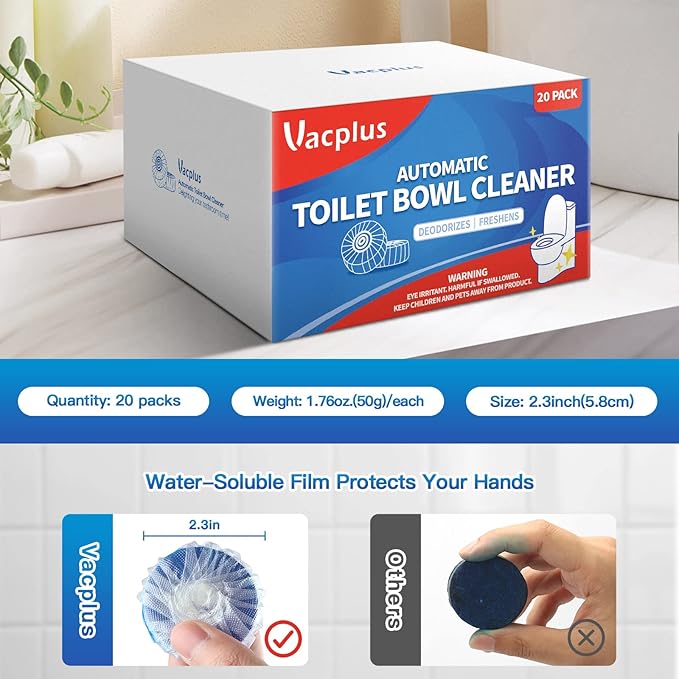 Vacplus Toilet Bowl Cleaners - 20 Pack Long-Lasting Toilet Cleaner Tablets, Prevent Stains & Deodorize, Blue