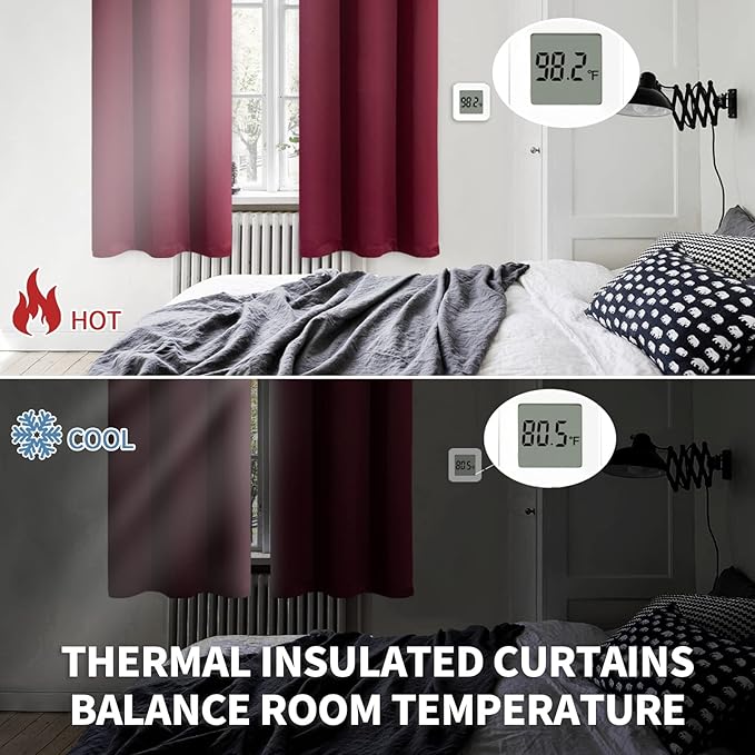 BGment Burgundy Blackout Curtains for Kitchen Cafe Window - Short Half Window Drapes Thermal Insulated Privacy for Rv Bathroom, 34 x 40 Inch, 2 Panels
