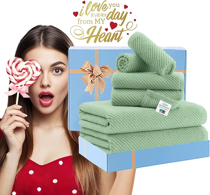 VOOVA & MOVAS Green Towels for Bathroom - 100% Cotton | Quick Dry | Lightweight | Thick | Soft, 6 Piece Towel Set, 2 Large Bath 30"x56", 2 Hand 18"x28", 2 Wash Cloths 13"x13", Towel Gift Set, Sage