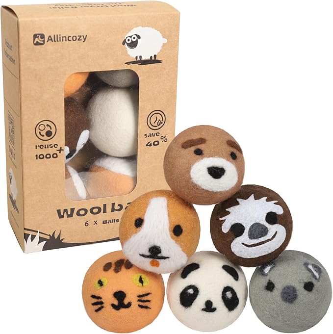 Wool Dryer Balls Laundry Reusable, Natural Eco-Friendly Fabric Softener Reduce Clothing Wrinkles, New Zealand Wool Laundry Balls for Dryer (Pack of 6, Animal)
