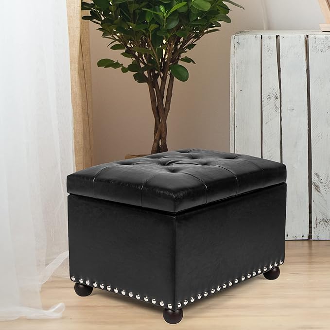 Joveco Leather Storage Ottoman, 24" Rectangle Tufted Foot Rest Stool, for Living Room Bedroom, Midnight Black