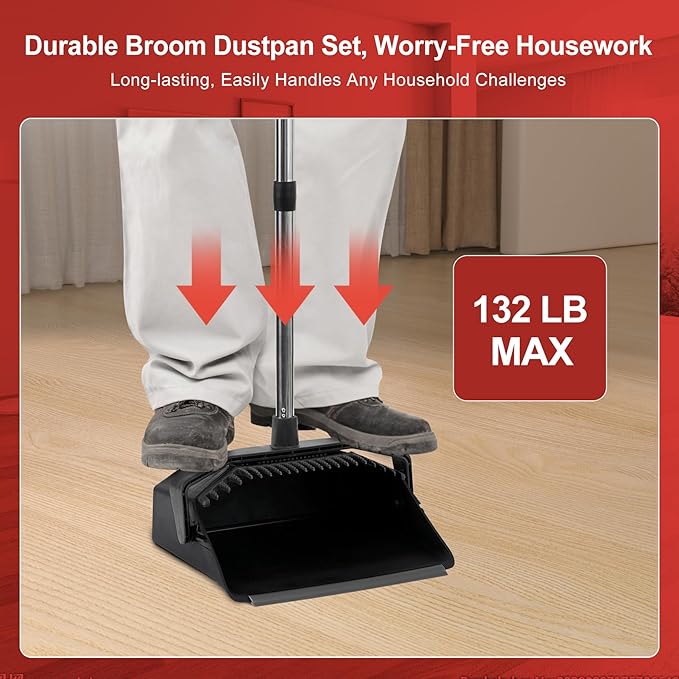 Commercial Broom and Dustpan Set, 3-Pack Broom with Dustpan Combo Set, Industrial Brooms and Dustpans Sets 51 inch Long Handle, Large Brooms and Dust Pan for Hall Lobby Office Garage - Black