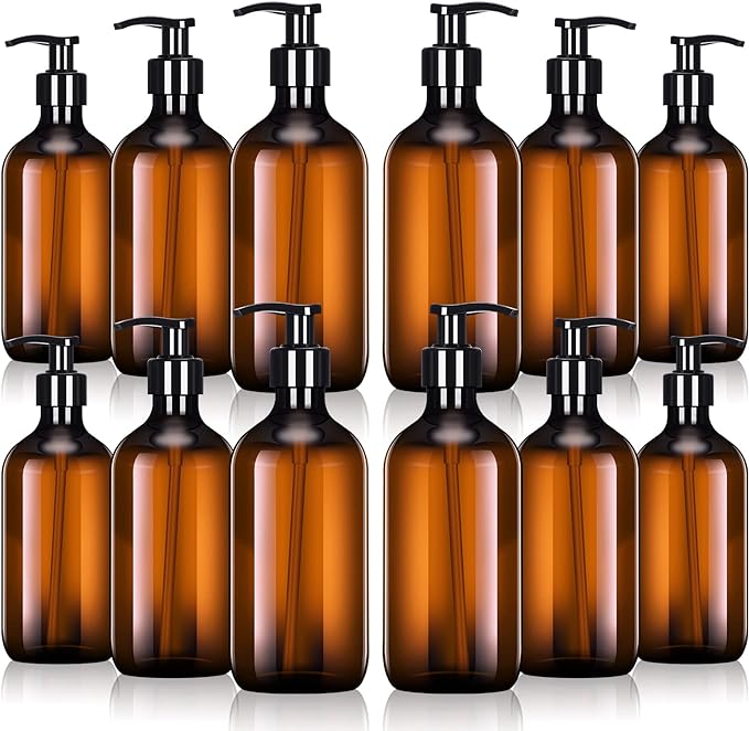 Tessco for you 12 Pack Amber Soap Dispenser Empty Plastic Pump Bottles Dispenser Refillable Shampoo for Hand Sanitizer Soap Cosmetic Lotion Body Wash Conditioner Bathroom Kitchen Travel (16.9 Oz)