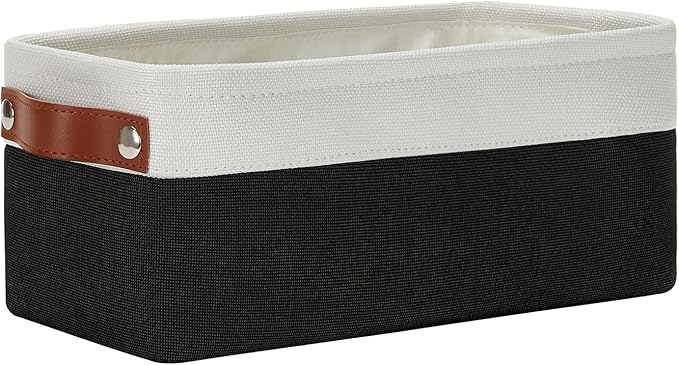 DULLEMELO Toilet Paper Storage Basket with Leather Handles, for Back of Toilet, Bathroom Storage for Towels & Paper (White & Black)