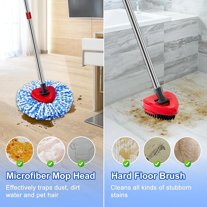 Spin Mop Handle Mop Heads and Base Replacement Sets Compatible with O Cedar EasyWring Rinseclean 2 Tank System, Flexible & Reusable(1 Sets Stainless Steel Handle & 2 Refills & 1 Base & 1 Scrub Brush)
