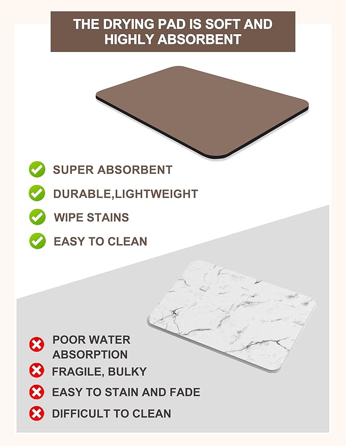 Dish Drying Mat for Kitchen Counter, 12"x19" Dish Drying Pad with Non-slip Rubber Backed, Hide Stain Anti Absorbent for Kitchen Counter, Drying Mat for Coffee Machine Dish Rack (Brown)
