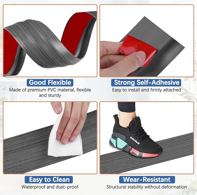 Vinyl Door Threshold Flooring Transition Strip Self Adhesive Carpet Edging Strip for Laminate Doorway Edge Threshold from 3/5" to 4/5" (Dark Gray Wood Grain, 10 Ft)
