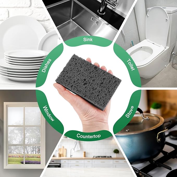 6-Pack Kitchen Sponges, Condense Eco Cellulose Non-Scratch Scrub Heavy Sponge for Kitchen/Household/Bathroom, Clean Tough Messes Dish Scrubber [Black]
