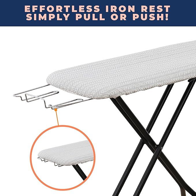 Ironing Board with Iron Rest, Iron Board with 3 Layers Extra Thick Cover, Compact and Space Saver Foldable Ironing Board, Adjustable Height, Easy Storage with Smart Hanger and Lightweight Design