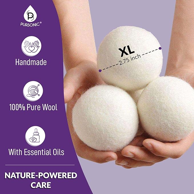Pursonic 4-Pack Laundry Wool Dryer Balls with Lavender & Peppermint Essential Oil Scent - Reusable Fabric Softener Balls Made from Pure New Zealand Wool - 2.75" Diameter