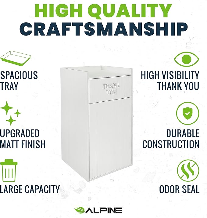 Alpine Restaurant Trash Can Cabinet with Tray Holder - Commercial 40 Gallon Garbage Receptacle Indoor for Restaurants, Cafeterias (White)