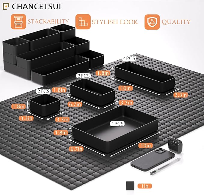 9 Pcs Stackable Drawer Organizer Trays Set, Multifunctional Stackable Storage Trays for Vanity, Bathroom, Kitchen, Desk Drawer Organizer Office. Plastic Drawer Organizers Available In 5 Colours, Black