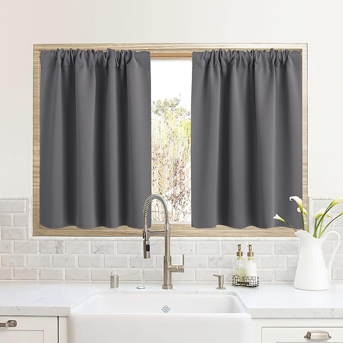 RYB HOME RV Camper Door Window Curtains -Blackout Privacy Curtains & Drapes for Bathroom Bedroom Kitchen Portable Travel Trailer Small Window Decor, W 34 x L 24, Grey, 2 Panels