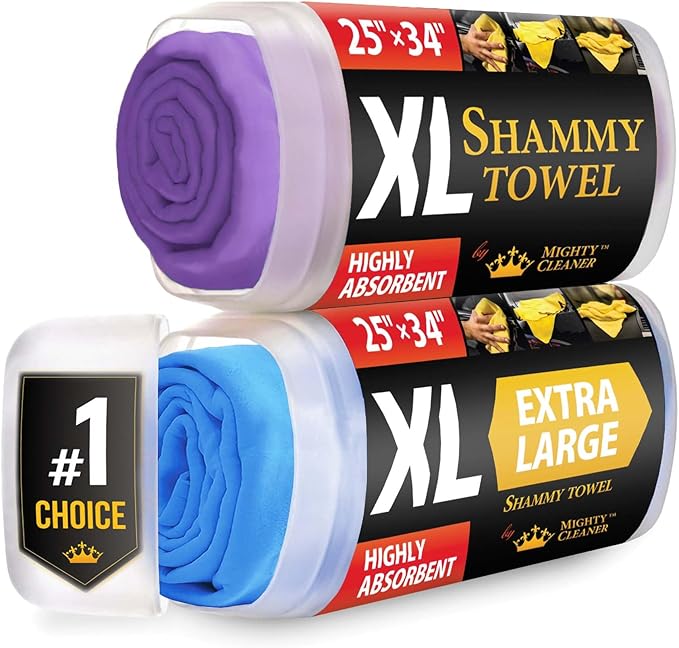 Premium XL Shammy Towel for Car - 2pk (34”x25”) - Super Absorbent Chamois Cloth - Spots & Scratch-Free - Reusable Car Drying Towels