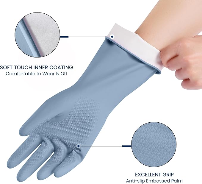 Rubber Cleaning Gloves for Dishwashing, 4 Pairs Reusable Kitchen Gloves for Washing Dishes and Household Cleaning, Blue Dish Gloves with Flocked Lining and Non-Slip Grip, Pefect for Woman Men - S