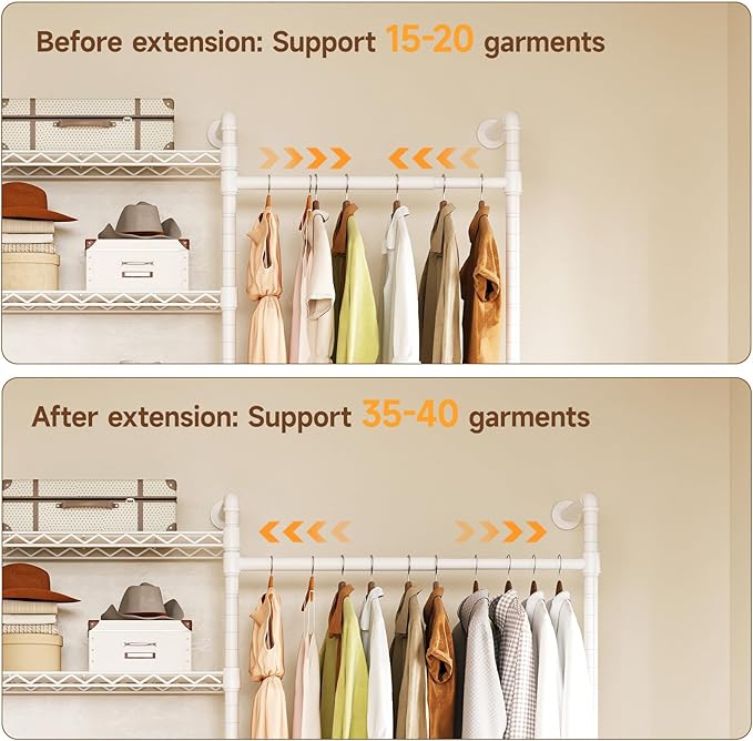 ONBRILL L4 Wall Mounted Industrial Pipe Clothing Rack, Closet Organizer System with 6 Hanging Clothes Rods ( 4 Expandable Rods) & 8 Shelves, Heavy Duty Corner Garment Rack, Large Wardrobe - White