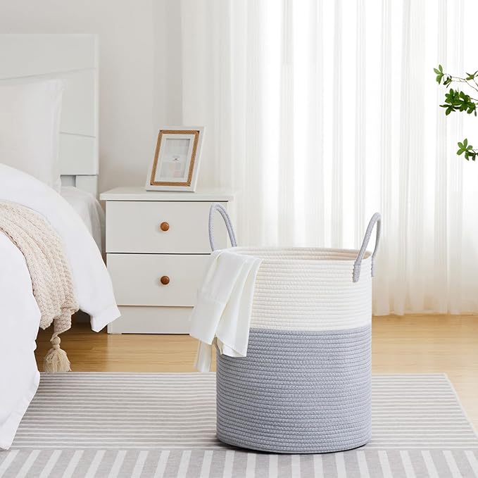 VIPOSCO Large Laundry Hamper, Tall Woven Rope Storage Basket for Blanket, Toys, Dirty Clothes in Living Room, Bathroom, Bedroom - 53L Grey & White