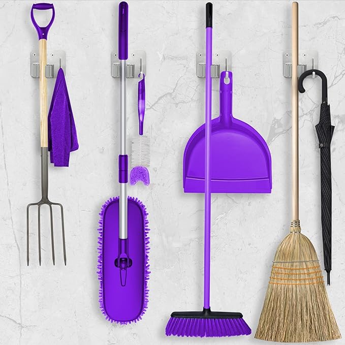 Broom Holder Wall Mount Screw Drilling, Sturdy Heavy Duty Stainless Steel Mop Gripper Rack Perforated, Perfect for Laundry Room Organizer, Fit with Laundry Kitchen Garage Garden Storage System