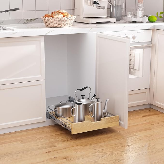 Pull Out Cabinet Organizer,Heavy-Duty Slide Out Shelf, Wood And Wire Basket, Pull Out Drawer for for Kitchen Under Sink Space, Pantry, Bathroom (14 * 21 WM)
