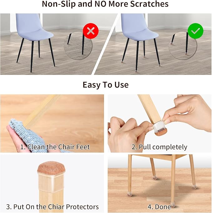Ezprotekt 24 Pcs Small Clear Square Chair Leg Floor Protectors for Hardwood Floors, Silicone Felt Furniture Pads, Table Chair Leg Cups Covers, Bar Stool Leg Protectors Caps (S Fit: 3/5" to 7/10")