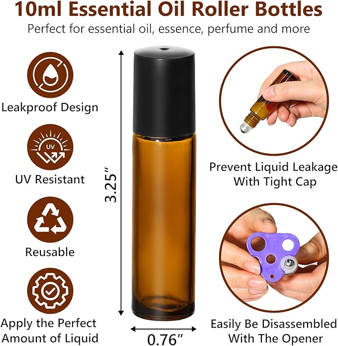 KEYWING 54 Pack Empty Essential Oil Roller Bottles – 10ml Amber Glass Roll-On Bottles with Stainless Steel Roller Balls & Caps, Refillable Perfume Containers for DIY & Travel