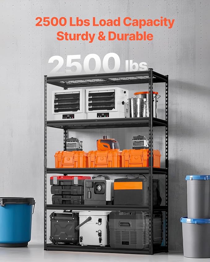 VEVOR Storage Shelves, 2500 lbs, 5 Tier Heavy Duty Garage Shelving, 18" D x 48" W x 72" H Adjustable Metal Shelves for Industrial Shelving Unit Utility Shelf, for Kitchen, Warehouse, Basement, Black