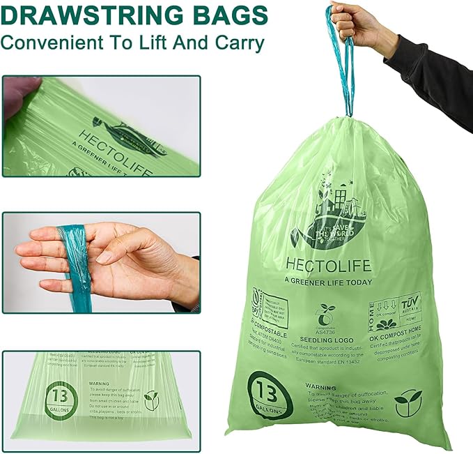 13 Gallon,50 Count, Compostable Trash Bags with Drawstring,Tear Resistant Kitchen Food Scrap Waste Bag, ASTM D6400, US BPI and Europe OK Compost Home Certified