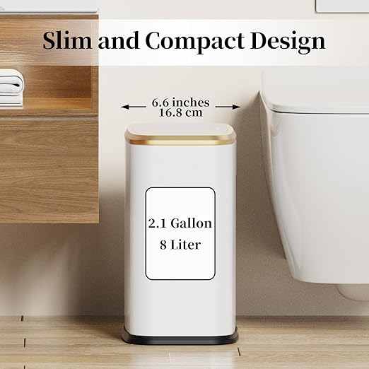 2.1 Gallon Bathroom Trash Can with Lid Press Top, 8 Liter Stainless Steel Garbage Can with Press Type Lid, Slim Trash Bin Waste Basket for Toilet, Office, Bedroom, Living Room (White)