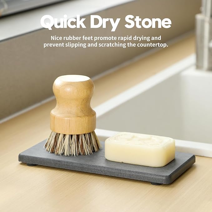 2PCS 7" x 3.5" Water Absorbing Bathroom Sink Vanity Trays, Diatomite Stone Quick Drying Mat for Kitchen Counter, Dish Rack Dispensers Sponge Holder Caddy Organizer, Dark Gray, 7"x3.5"