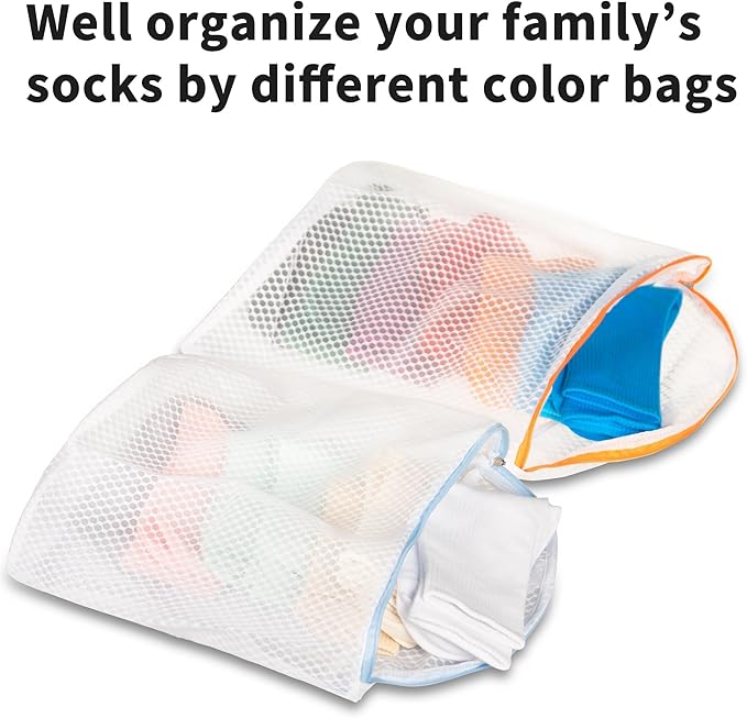5Pcs Hanging Laundry Bags for Socks with S Hooks,12 X 10 inch 5 Color Mesh Laundry Bags for Washing Machine