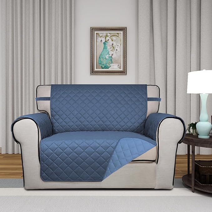 PureFit Reversible Quilted Sofa Cover, Water Resistant Slipcover Furniture Protector, Washable Couch Cover with Non Slip and Elastic Straps for Kids, Dogs, Pets (Oversized Chair, Dark Blue/Light Blue)