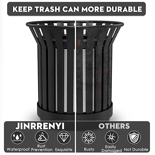 Round Heavy Duty Outdoor Trash Can, Large Metal Slatted Garbage Can for All Weather Resistant, Commercial Garbage Cans, Waste Receptacle in Park, Beach, Patio (Black, Large)