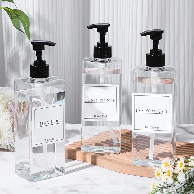 Tanlade 6 Pcs Shampoo and Conditioner Dispenser Bottles 16oz Modern Shower Soap Bottles with Pump, Labels and Marker Pen Easy to Refill Body Wash Dispensers for Home Bathroom Decoration(Clear)