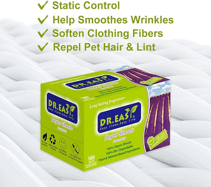 Dr.Easy Dryer Sheets Lavender Plant Based all ingredients for Sensitive Skin 160 Ct 100% Rayon Fabric Softener sheet for laundry No Dyes Reduce Static & Wrinkles Soften Clothes Help Repel Pet Hair