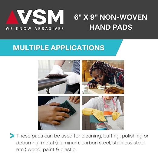 VSM 10-Pack: 6" x 9", Green - Fine, Non-Woven Hand Pad, Aluminum Oxide Grains, Rust and Oxidation Resistant, Multipurpose Abrasive Scrub Pad for Finishing and Cleaning