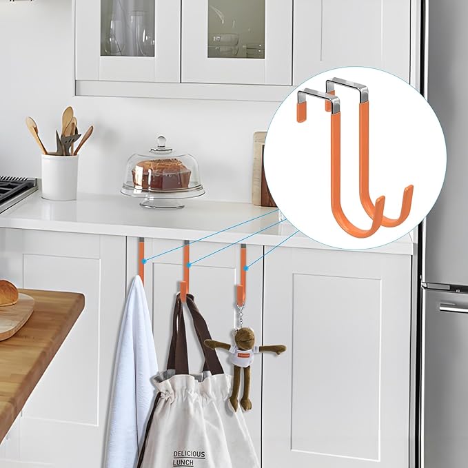 FYY Over The Door Hooks, 4 Pack Door Hangers Hooks with Rubber Prevent Scratches Heavy Duty Organizer Hooks for Living Room, Bathroom, Bedroom, Kitchen Hanging Clothes Towels Hats Coats Bags Orange