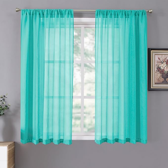 Tollpiz Sheer Curtains Linen Textured Bedroom Curtain Sheers Light Filtering Rod Pocket Voile Curtains for Living Room, 54 x 63 inches Long, Aqua Blue, Set of 2 Panels