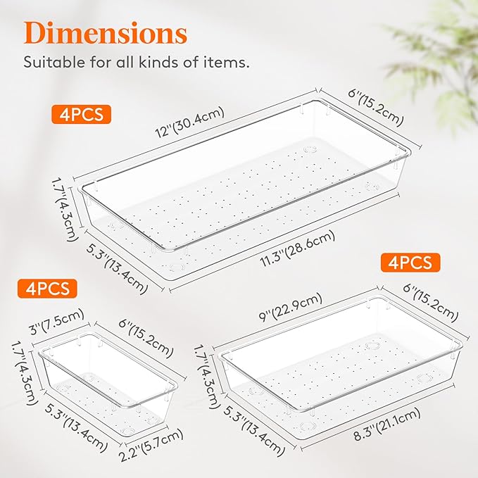 Lifewit 12 Pcs Large Bathroom Drawer Organizers, 3 Sizes Clear Plastic Storage Organizer Trays for Make Up, Kitchen Utensils, Vanity Accessories in Bathroom/Office/Dresser Organization
