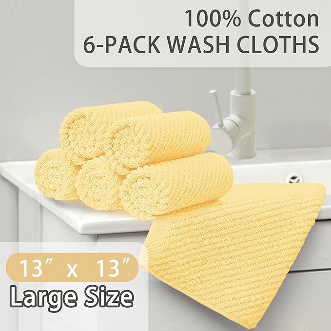 VOOVA & MOVAS Washcloths 6 Pack, 13"x13" - 100% Cotton | Lightweight | Thick | Quick Dry | Soft | Absorbent, Fluffy Hand Towels, Hotel Wash Cloths for Bathroom, Towel Gift Set, Yellow