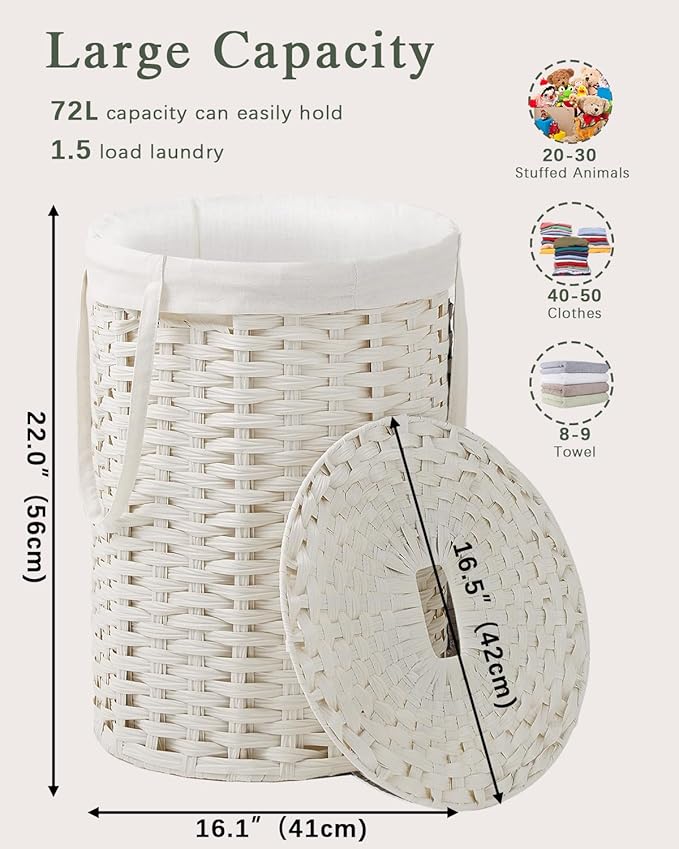 Laundry Hamper with Lid Laundry Basket with Lid 19.0 Gal (72 L) Round Wicker Laundry Basket Handwoven Rattan Basket with Lid Removable Bag 2 Mesh Bags Handles for Living Room Bathroom White