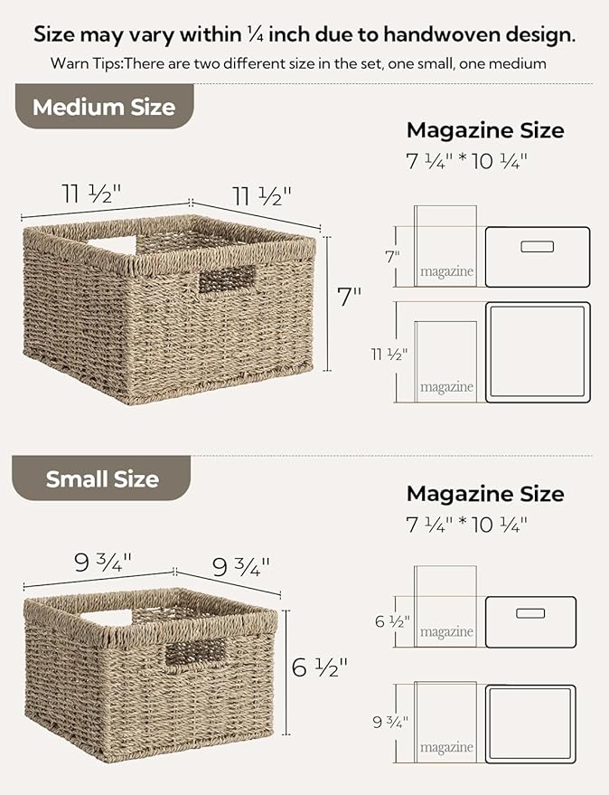 StorageWorks Wicker Storage Baskets, Large and Small Baskets, Handwoven Seagrass Basket for Organizing, Decorative Wicker Baskets with Built-in Handles, Set of 2
