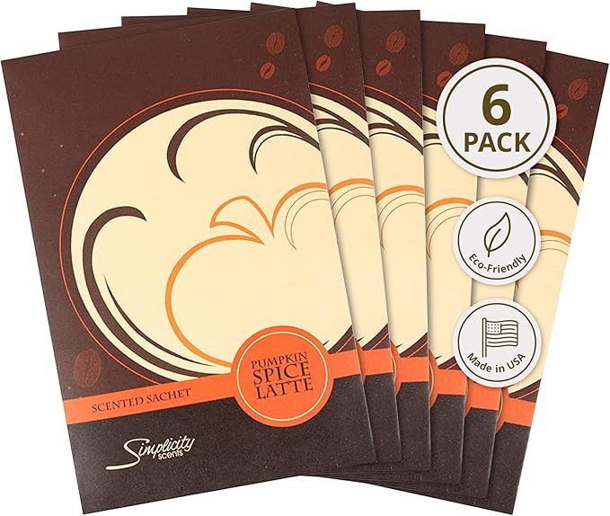 Pumpkin Spice Latte Scented Sachets Pack of 6, Fall & Winter - Long-Lasting Scented Bags, Home Fragrance, Air Freshener & Deodorizer for Closet, Room, Drawer, or Cars, Made in USA
