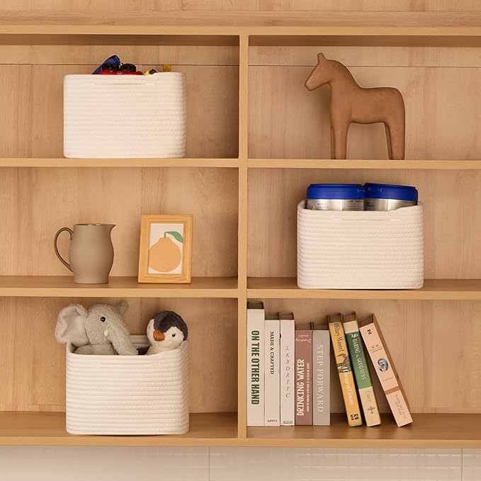 Small Organizing Baskets for Cubes Shelf, 9.7x9.7x7.1 Inch Rope Woven Storage Bins for Nursery Shelves Storage, Cute Toy Basket, Square 3 Packs Off White