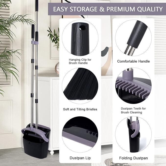Broom and Dustpan Set, Dustpans with Broom Combo for Home, Heavy Dust Broom and Dustpan Combo, Long Handle Dust Pan and Broom Set for Kitchen, Office, Pet Hair, Charcoal Color, Pack of 1