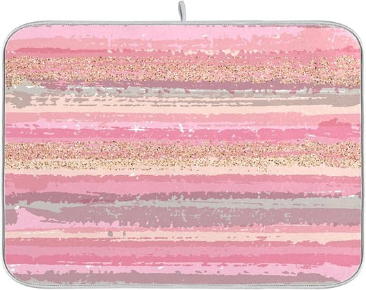 Pink Gold Stripe Dish Drying Mat for Kitchen Countertop 18x24 Rectangle Large Drying Mat Reusable Quick Dry Dish Sink Absorbent Mats Dishwasher Easy Clean Decorative Home Decor Essentials